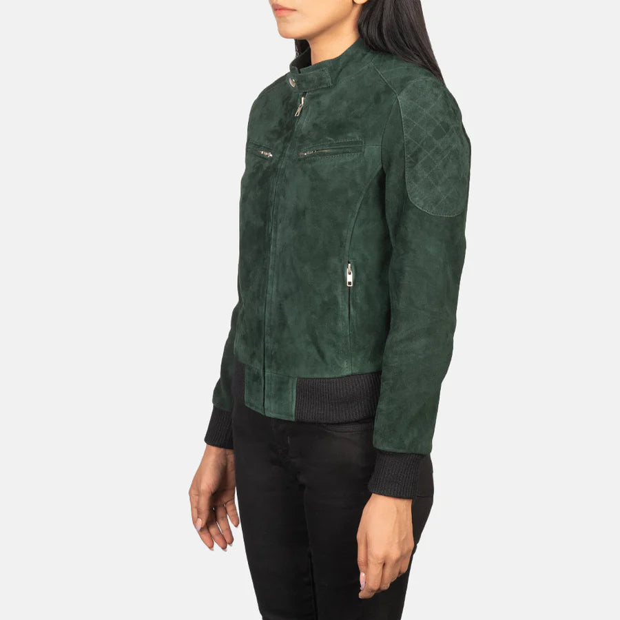 Women Suede Bomber Green Jacket
