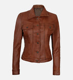 Womens Cognac Brown Trucker Leather Jacket