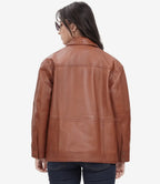 Womens Cognac Oversized Leather Trucker Jacket