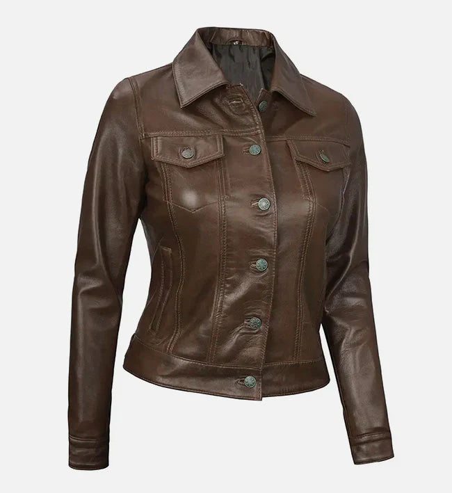 Women Dark Brown Leather Trucker Jacket