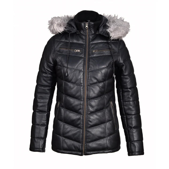 Women Winter Fur Trimmed Hoodie Puffer Leather Jacket