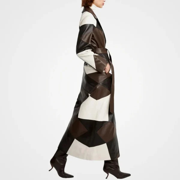 Womens Three Tone Patchwork Leather Coat