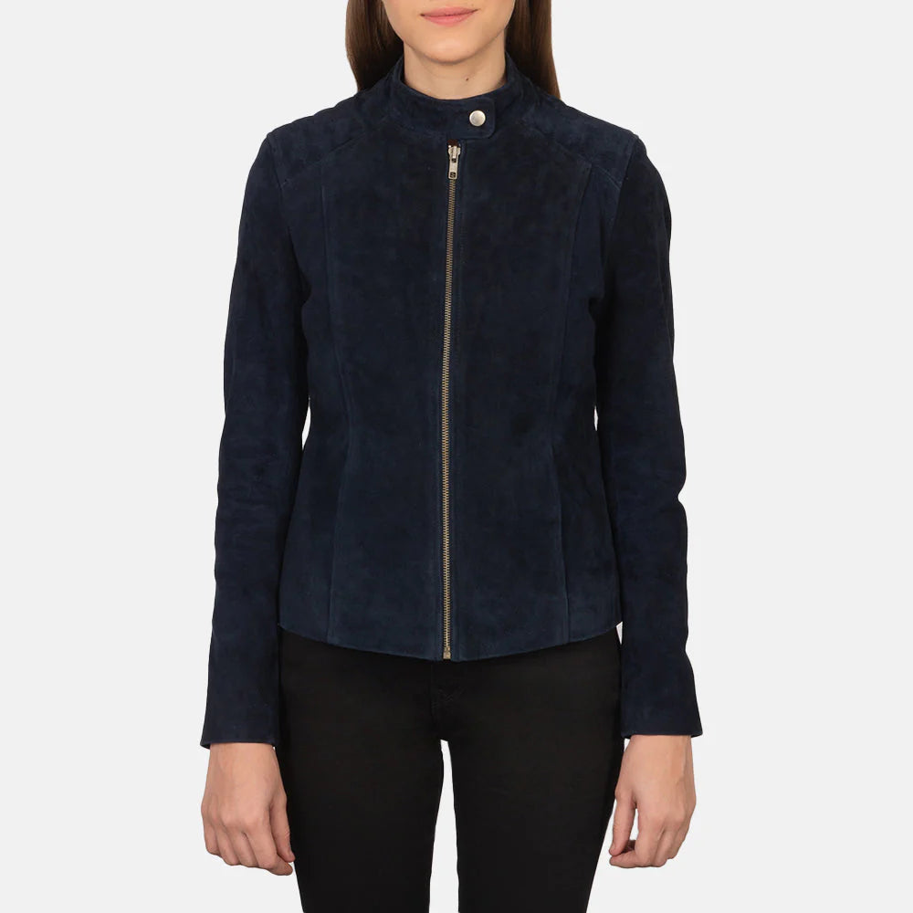 Women Navy Blue Suede Biker Jacket