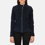 Women Navy Blue Suede Biker Jacket