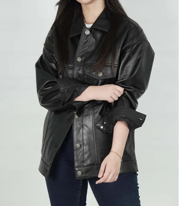 Womens Black Leather Oversized Trucker Jacket