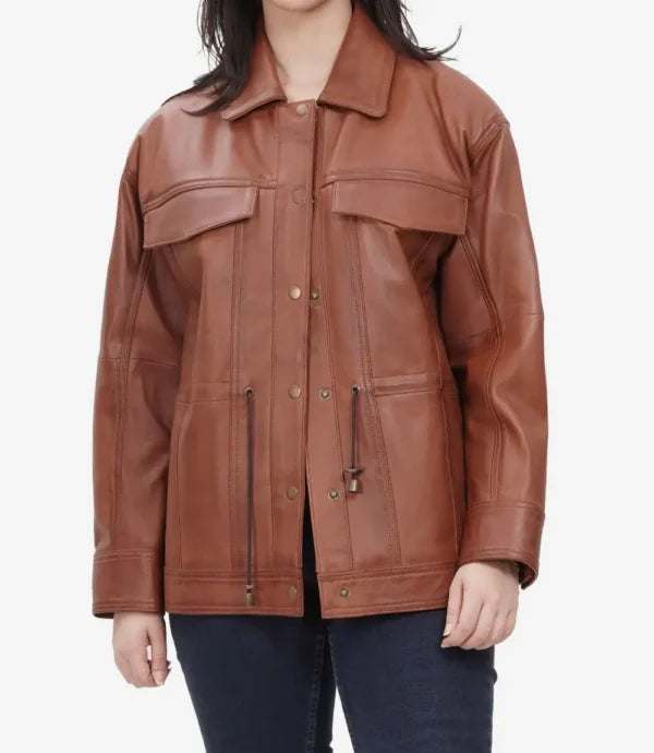 Womens Cognac Oversized Leather Trucker Jacket