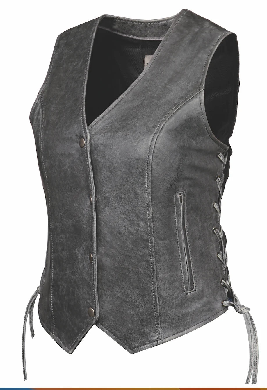 Women Soft Gray Leather Side Lace Vest