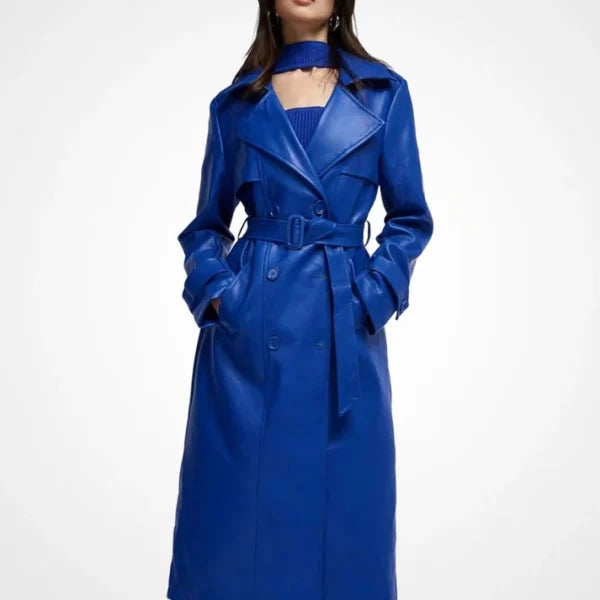 Womens Blue Leather Long Coat With Storm Flap