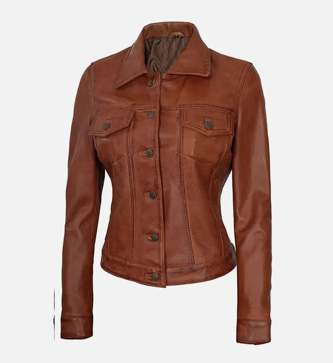 Womens Cognac Brown Trucker Leather Jacket