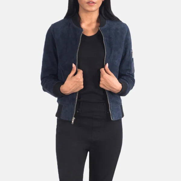 Women Blue Suede Bomber Jacket