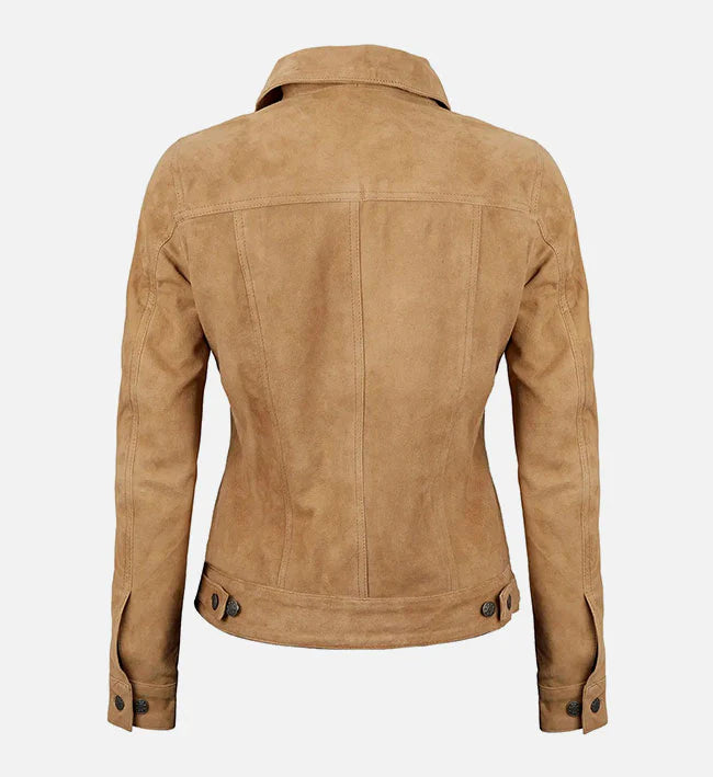 Womens Light Brown Suede Trucker Jacket