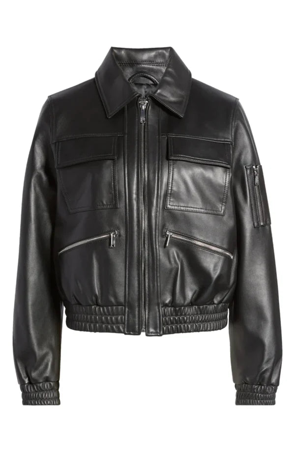 Womens Black Tall Leather Bomber Spread jacket