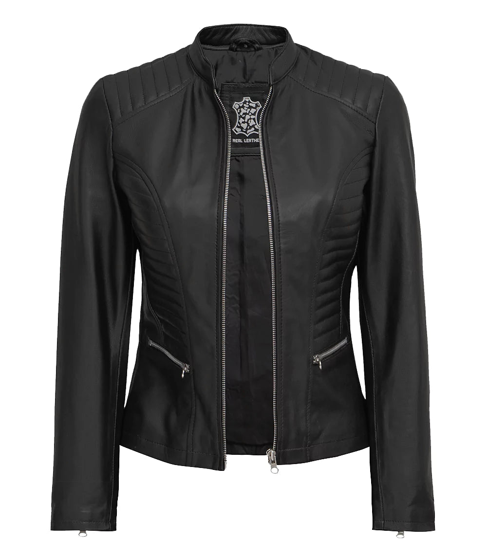 Womens Tall Black Cafe Racer Leather Jacket