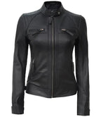Women Tall Black Quilted Cafe Racer Leather Jacket