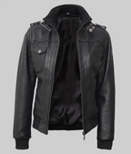 Women Tall Black Hooded Bomber Leather Jacket