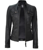 Women Tall Black Quilted Cafe Racer Leather Jacket