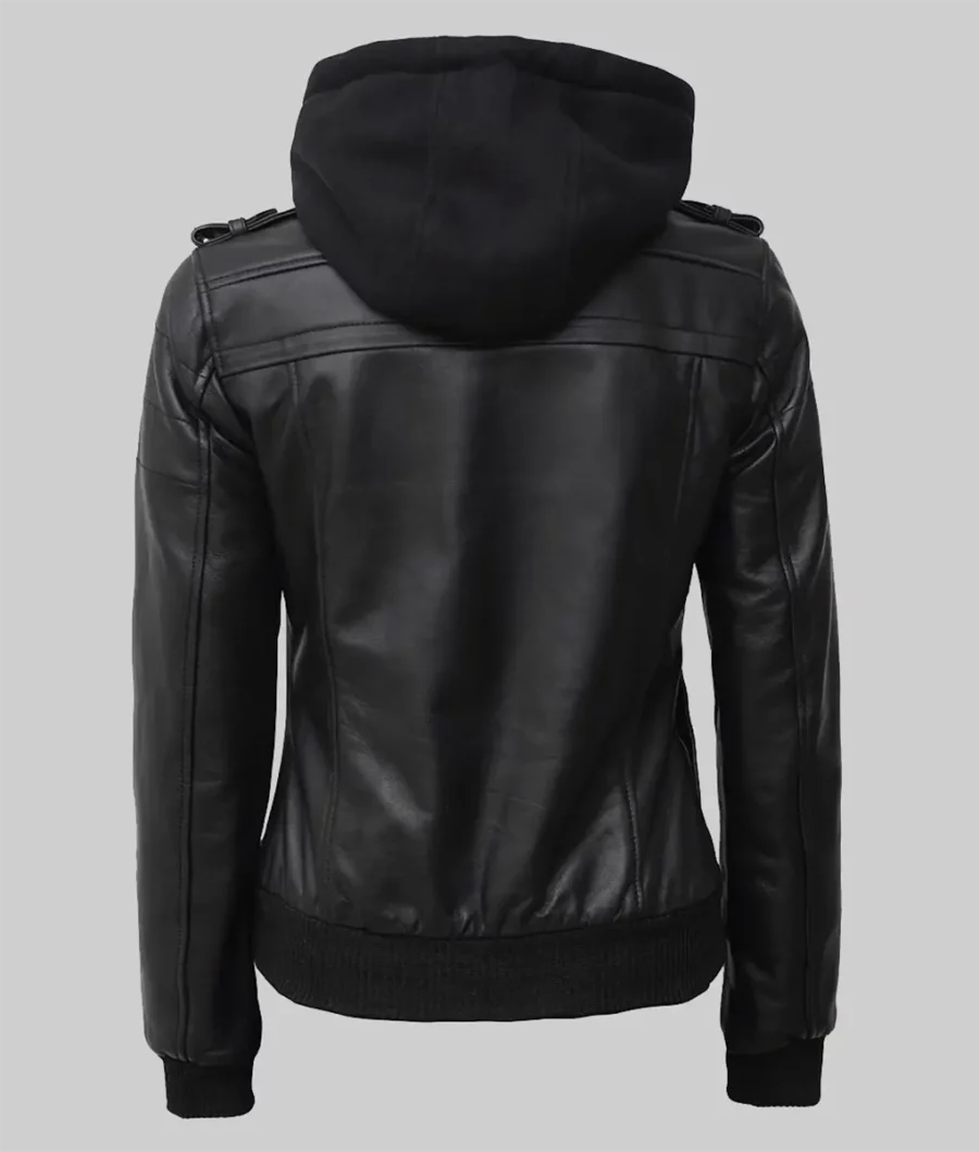 Women Tall Black Hooded Bomber Leather Jacket