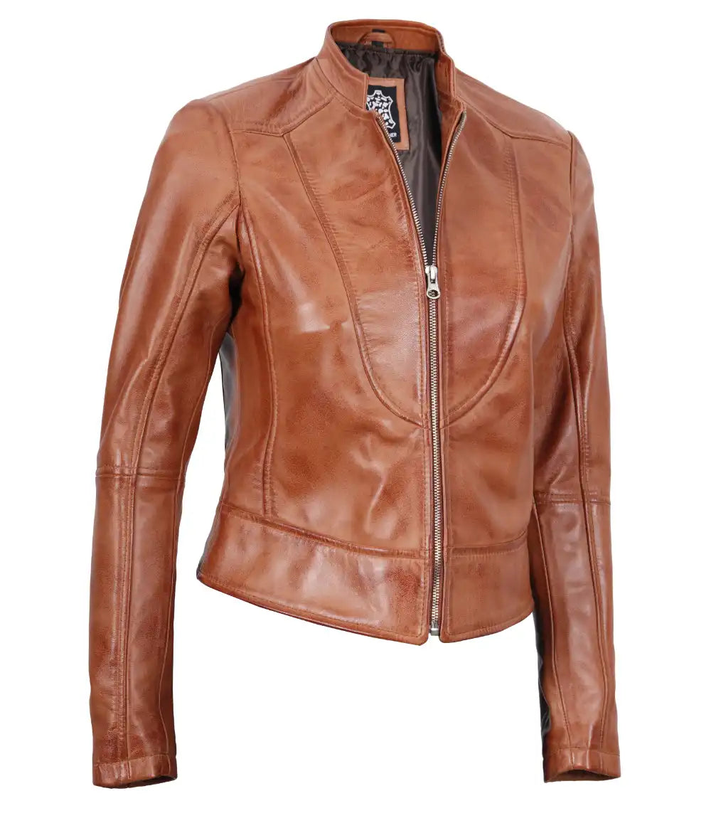 Womens Cafe Racer Tan Tall Leather Jacket