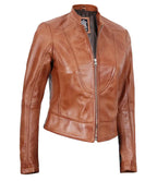 Womens Cafe Racer Tan Tall Leather Jacket