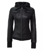 Women Tall Black Leather Jacket With Removable Hood