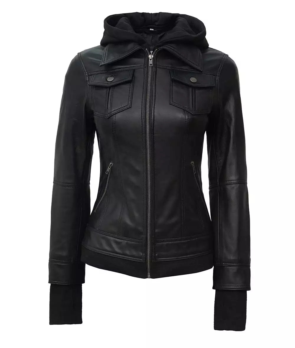 Women Tall Black Leather Jacket With Removable Hood
