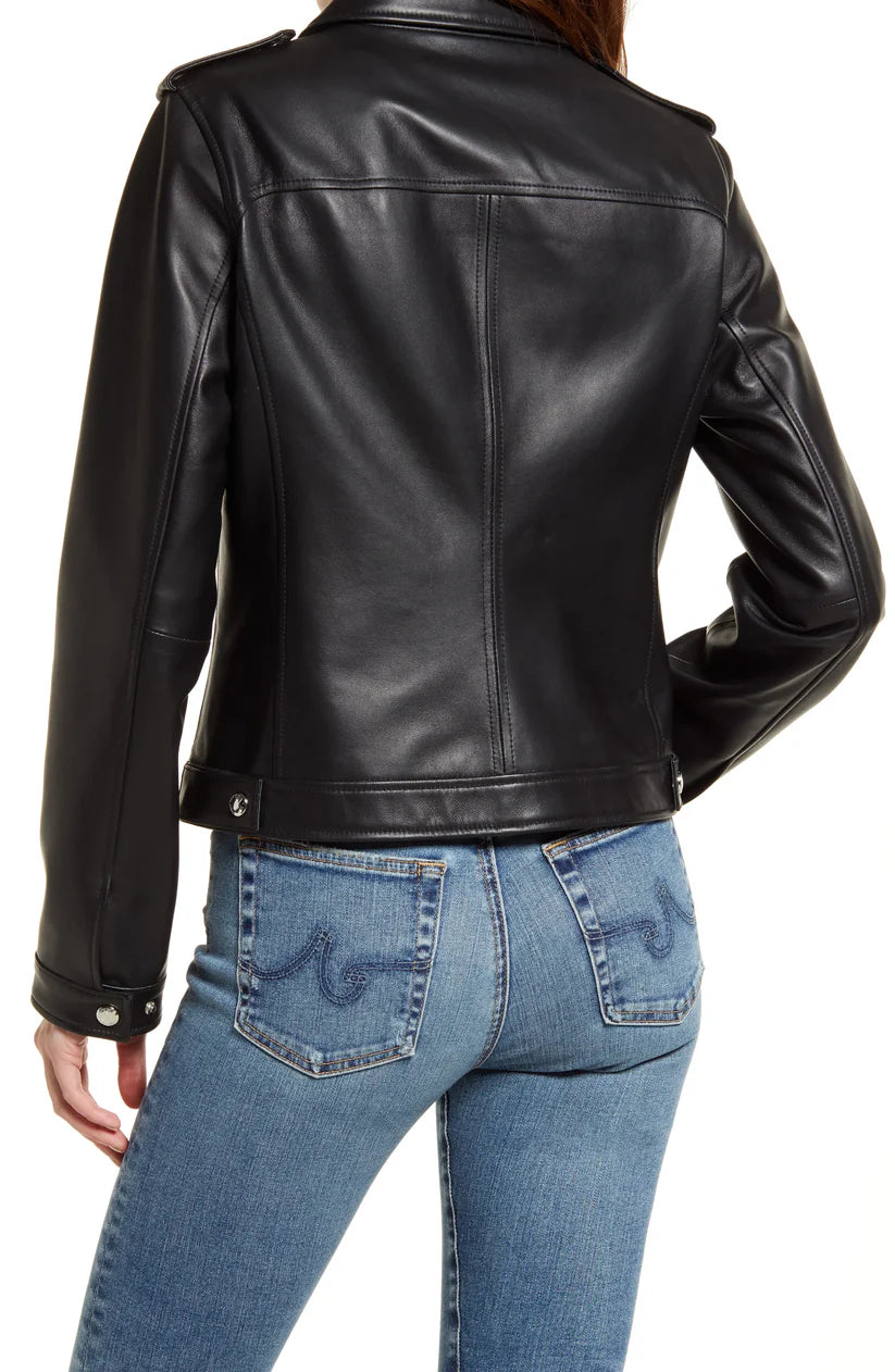 Womens Tall Black Nappa Leather Biker Jacket