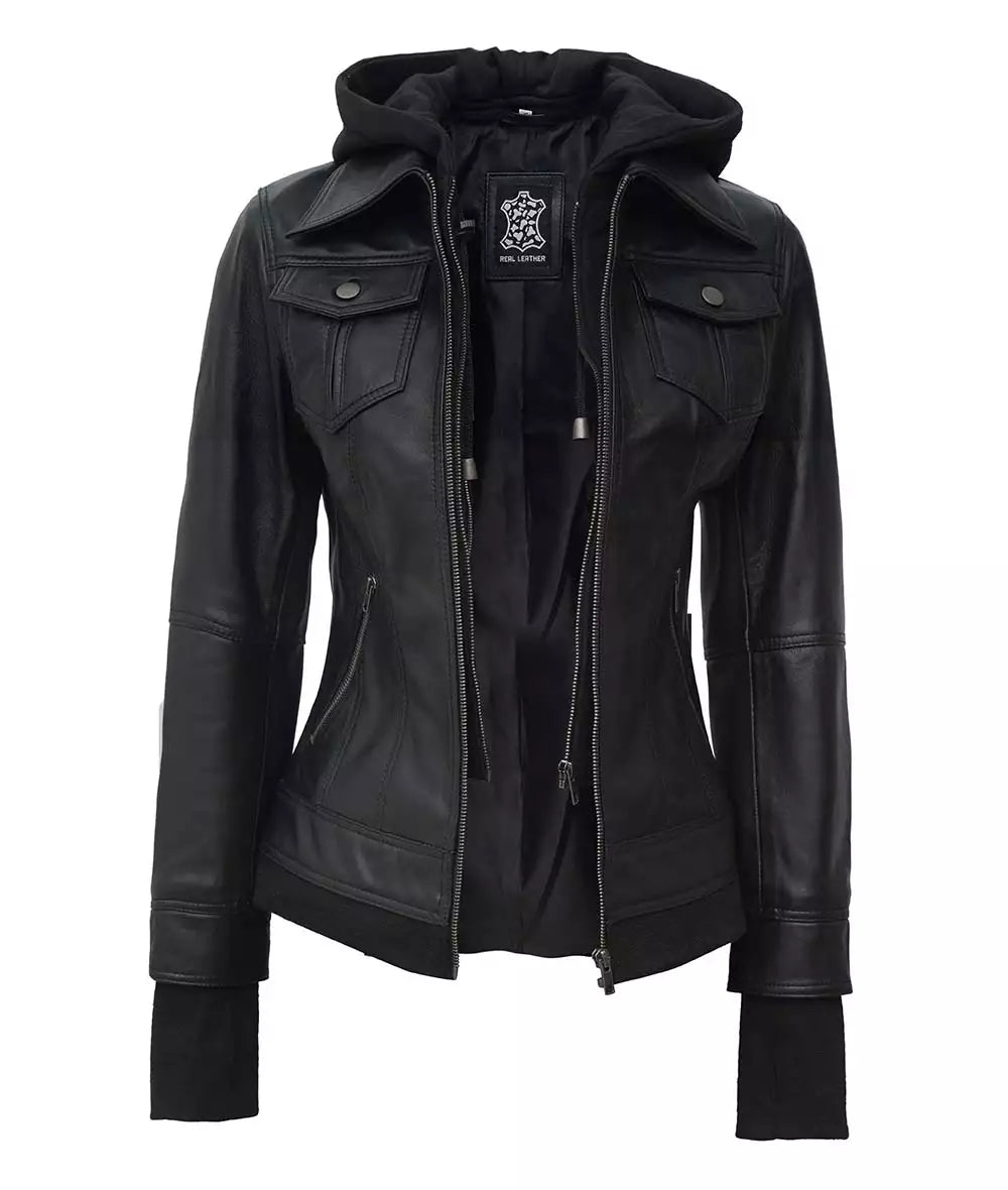 Women Tall Black Leather Jacket With Removable Hood