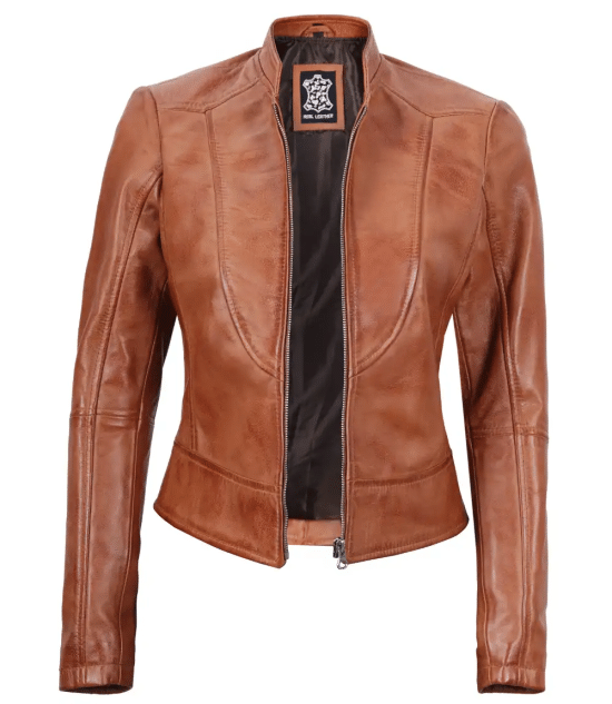 Womens Cafe Racer Tan Tall Leather Jacket
