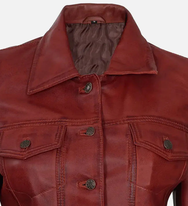 Women Red Leather Trucker Jacket