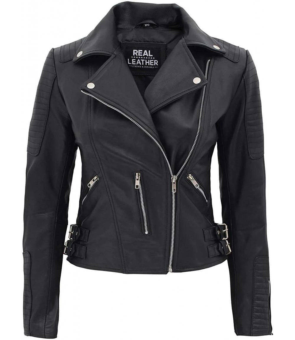 Real Leather Womens Biker Jacket Bari Black