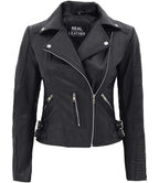 Real Leather Womens Biker Jacket Bari Black