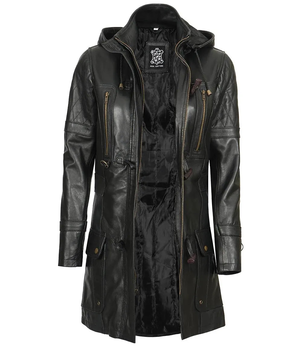 Womens Black Leather Hooded Coat - 3/4 Length