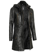 Womens Black Leather Hooded Coat - 3/4 Length