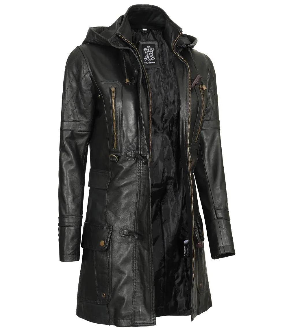Womens Black Leather Hooded Coat - 3/4 Length