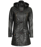 Womens Black Leather Hooded Coat - 3/4 Length