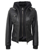 Womens Edinburgh Bomber Leather Jacket with Detachable Hood