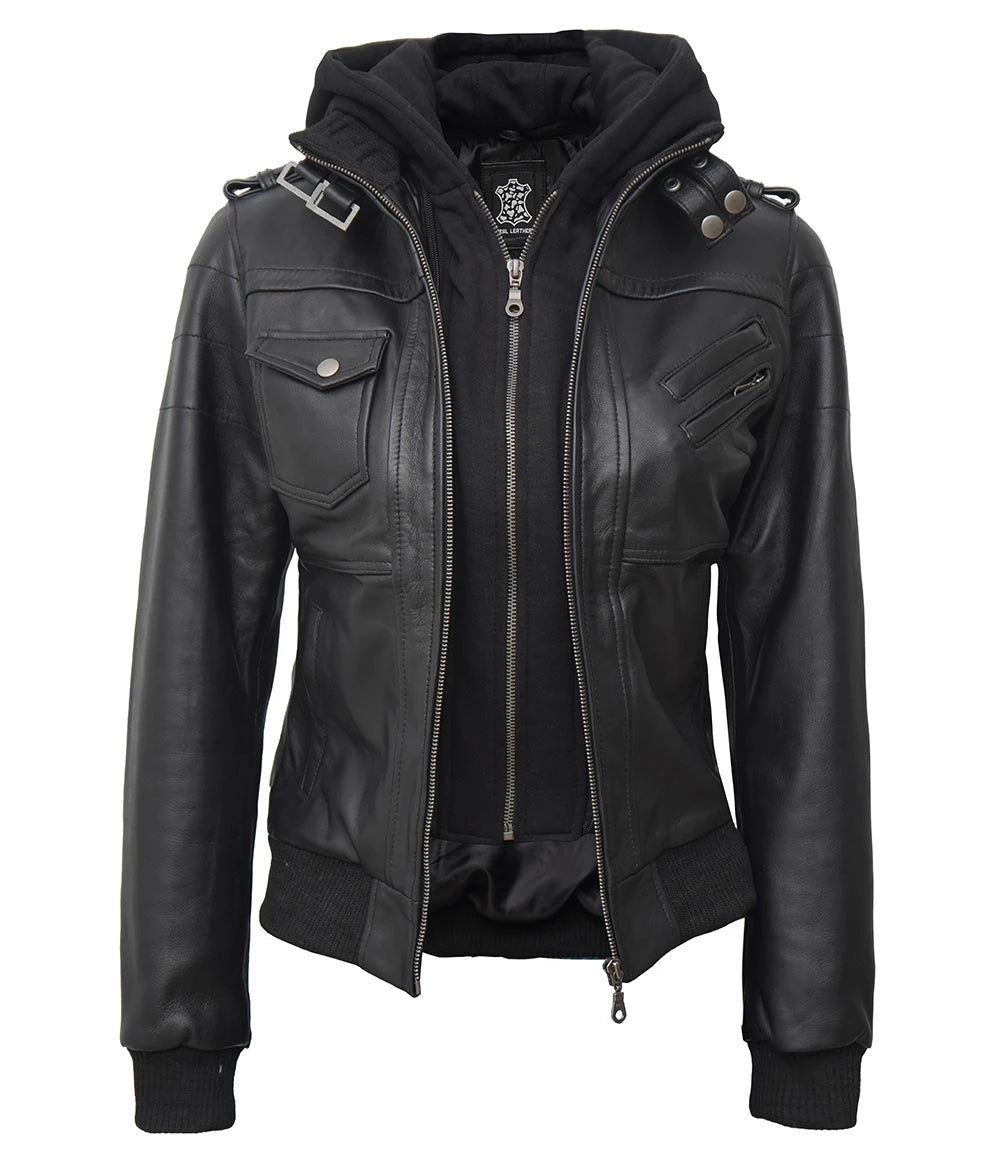 Womens Edinburgh Bomber Leather Jacket with Detachable Hood