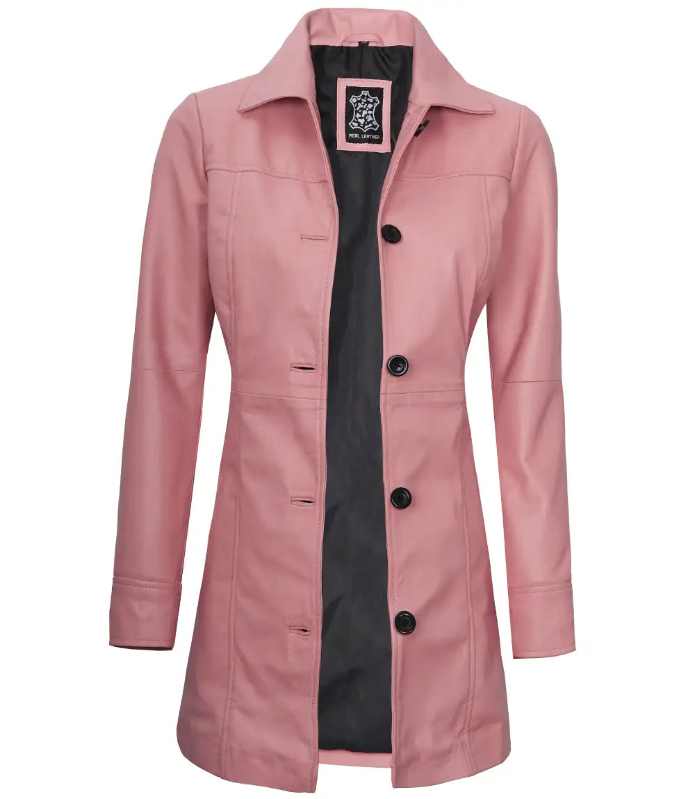 Womens Real Leather Pink Car Coat