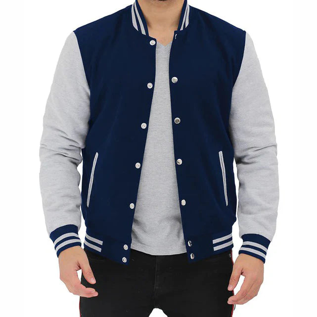 Grey and Blue Baseball Style Varsity Jacket