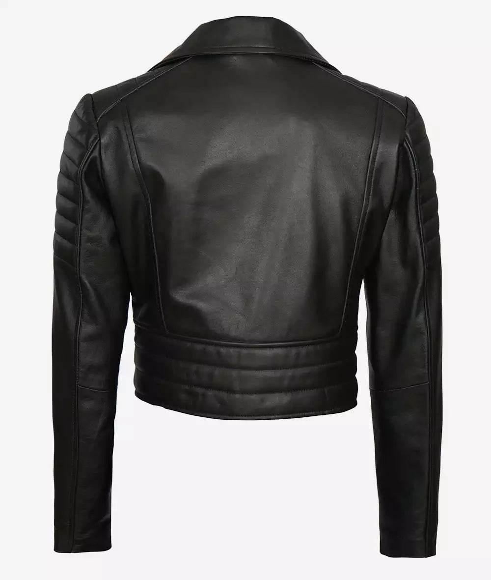 Women Black Cropped Moto Leather Jacket