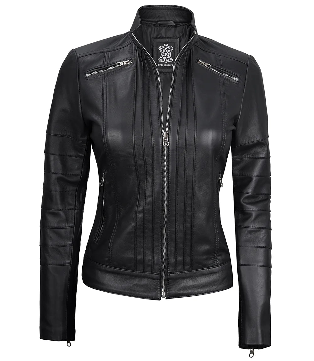 Black Real Leather Cafe Racer Jacket For Women