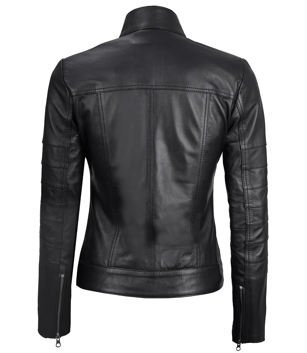 Black Real Leather Cafe Racer Jacket For Women