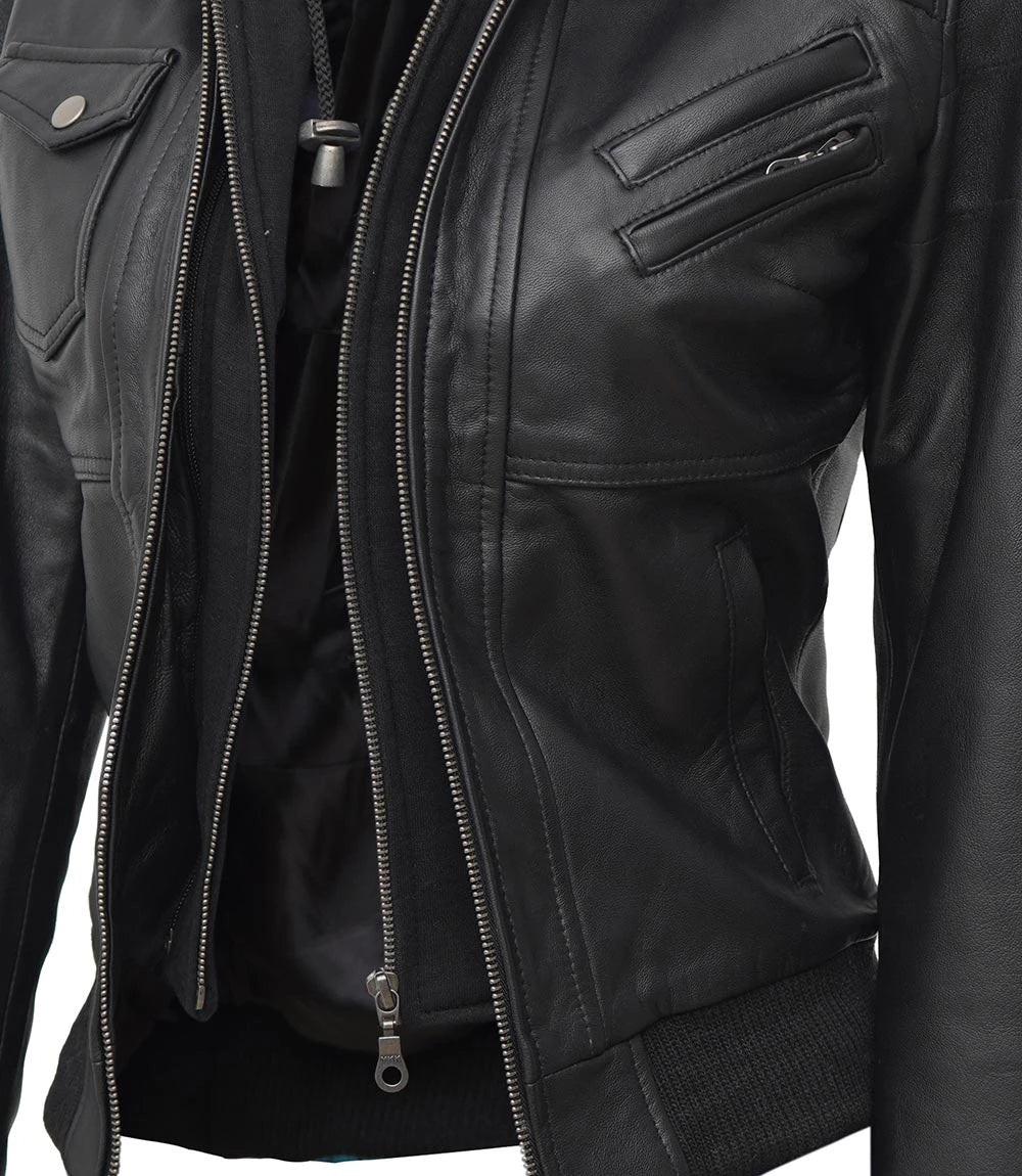 Womens Edinburgh Bomber Leather Jacket with Detachable Hood