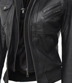 Womens Edinburgh Bomber Leather Jacket with Detachable Hood