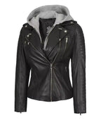 Women Black Leather Detachable Hood Jacket