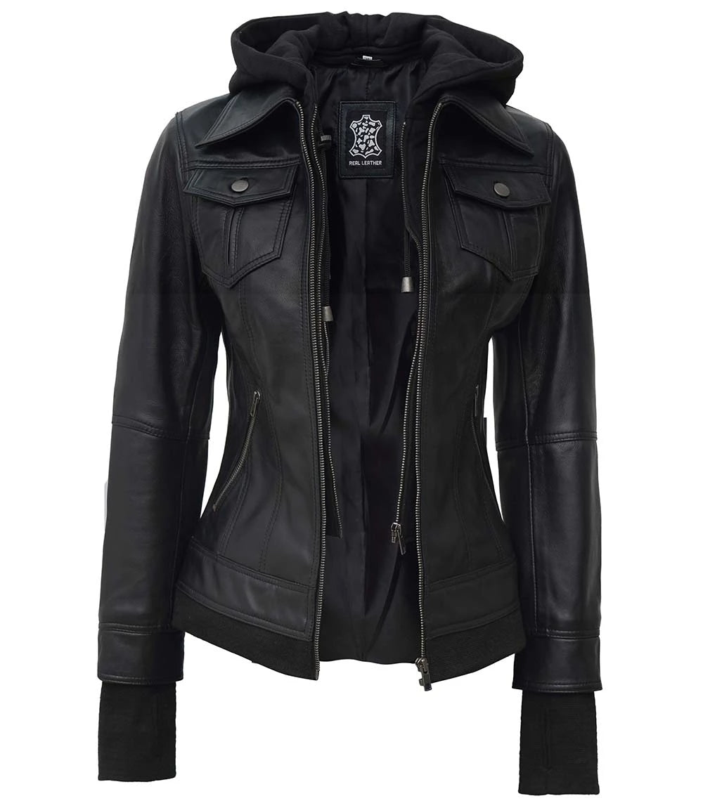 Tralee Black Leather Bomber Jacket With Hood
