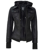 Tralee Black Leather Bomber Jacket With Hood