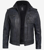 Mens Rugged Black Leather Biker Jacket