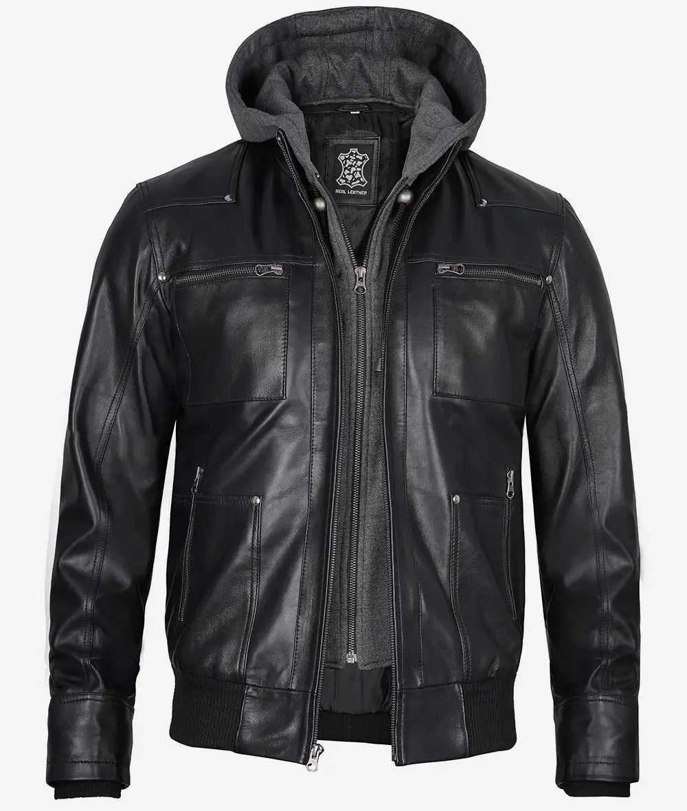 Black Leather Bomber Jacket for Men Detachable Hood