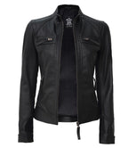 Womens Stylish Black Quilted Cafe Racer Jacket – Genuine Leather